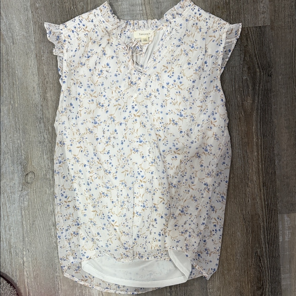 Floral Sleeveless Blouse - White with Blue Floral